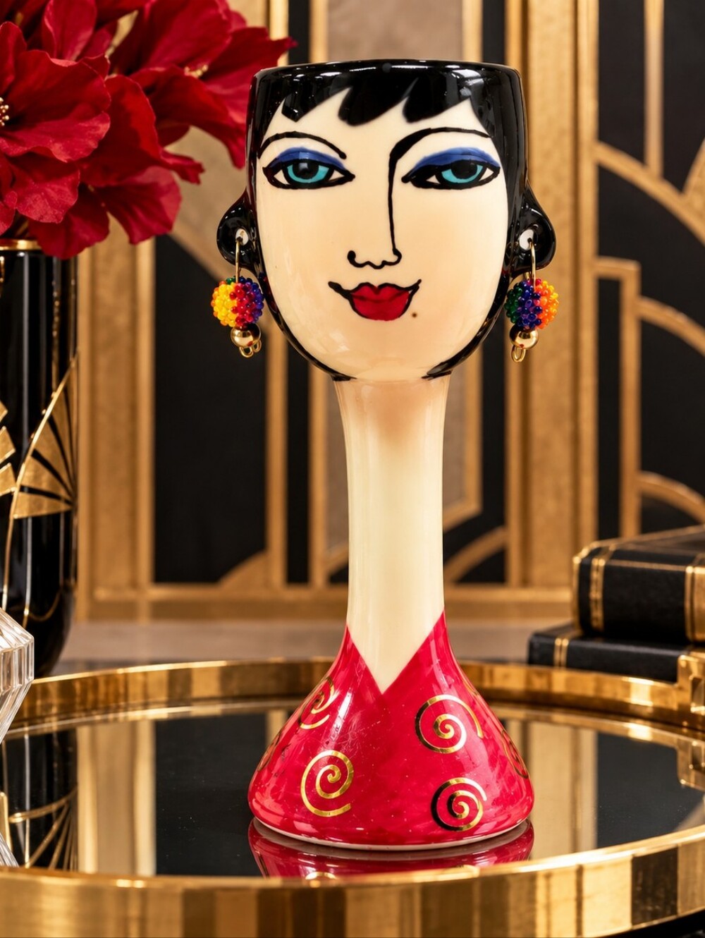 Art Deco Lady Face Goblet/Vase/Figurine with Colorful Earrings